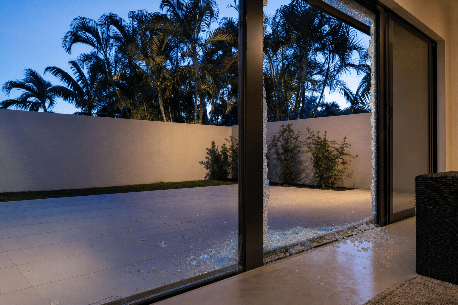 Broken glass sliding door with shattered pieces on the floor, opening to a tiled patio with a white wall and palm trees in the background at dusk.