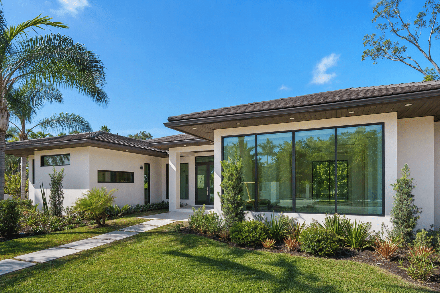 Single-story modern house with large windows, flat roof, beige exterior, and landscaped front yard with palm trees and shrubs on a sunny day.