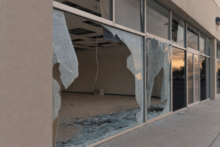 Large storefront windows are shattered, with broken glass covering the sidewalk and interior floor. The inside appears empty, and the damage exposes the unfinished ceiling and walls.