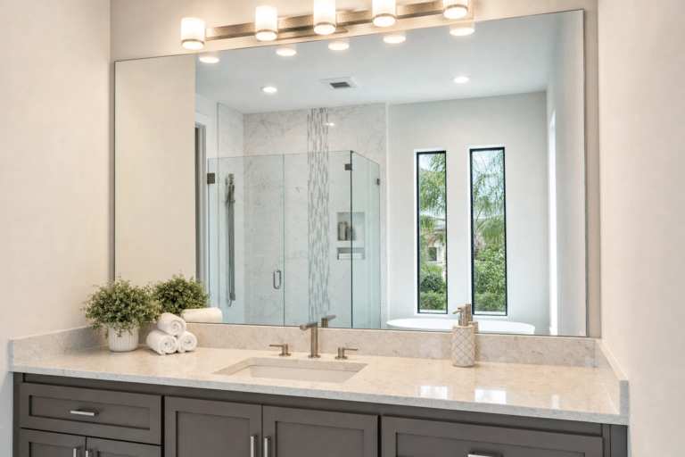 Modern bathroom with large mirror, double sink vanity, rolled towels, potted plant, and a glass shower enclosure reflected in the mirror.