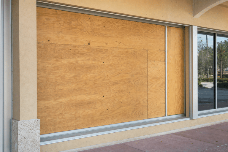 A storefront window is covered with large sheets of plywood, with a small section of glass visible to the right. The surrounding area appears empty.
