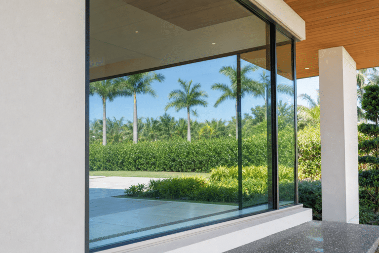 Large glass window reflects palm trees, hedges, and clear blue sky beside a modern building with white walls and a wooden ceiling.