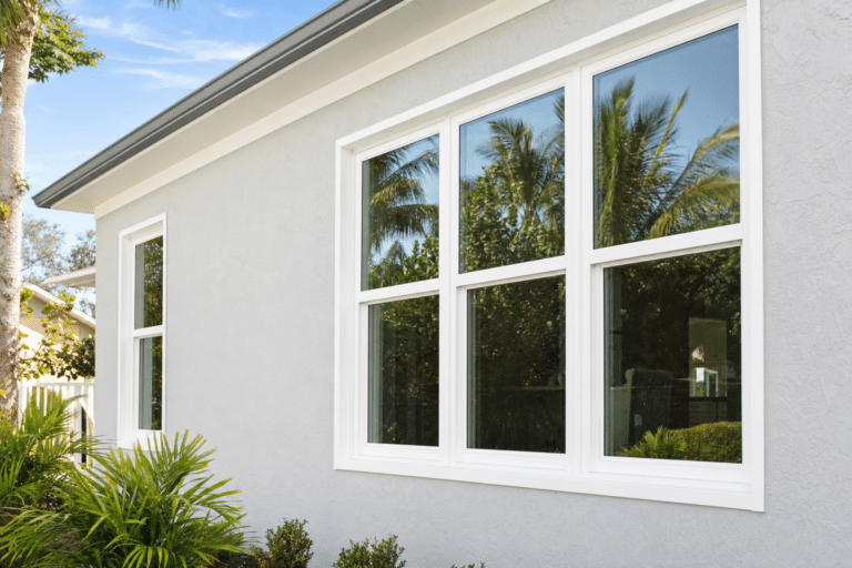 A gray house exterior with white-framed windows. Palm trees and green plants are visible outside, reflected in the glass. The photo is taken during the day under a blue sky.