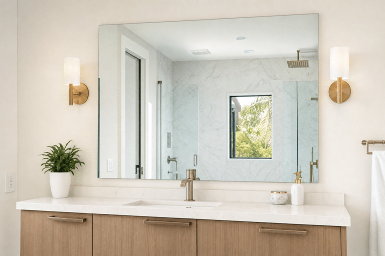 Modern bathroom with a large mirror, wall sconces, wooden vanity, single sink, potted plant, towel on a rack, and a glass shower enclosure reflected in the mirror.