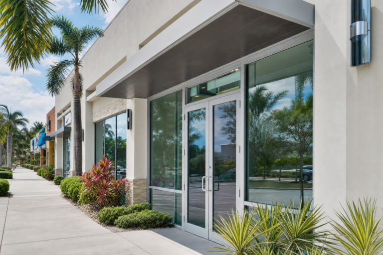 Modern storefront with glass double doors and large windows, surrounded by palm trees and landscaping along a sidewalk in a commercial area.