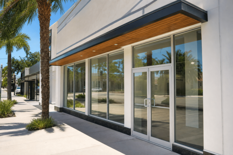 Empty storefront with large glass windows and double glass doors, located on a sunny street with palm trees and clear blue sky reflected in the glass.