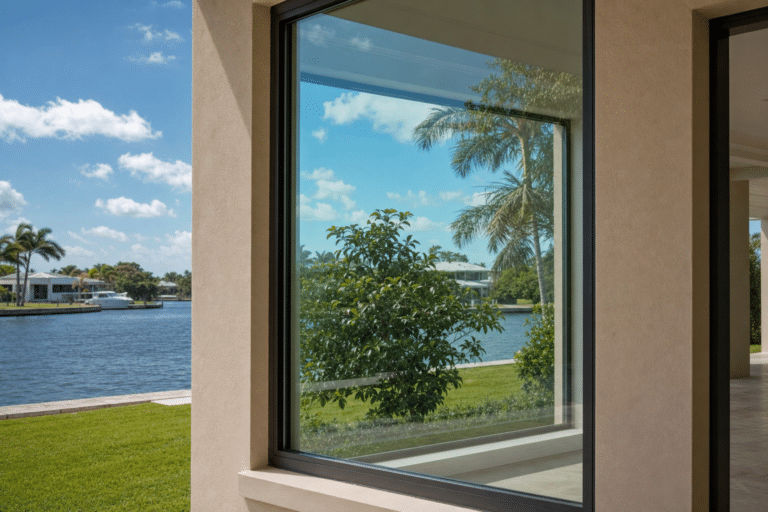Large window in beige wall reflects palm trees and a blue sky, overlooking a grassy yard and water with houses and boats in the background.