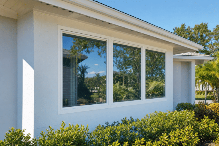 Three-pane window on a white house exterior with green shrubs in front; trees and blue sky reflected in the glass.