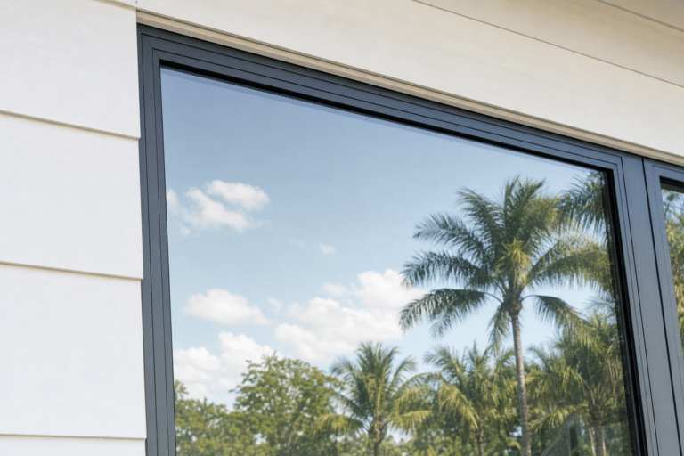 Window with a black frame reflects palm trees and a blue sky with scattered clouds; part of a light-colored building exterior is visible.