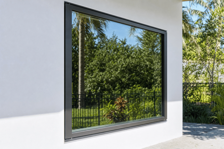 Large rectangular window on a white wall reflecting trees, plants, and a fence from a green outdoor garden area.