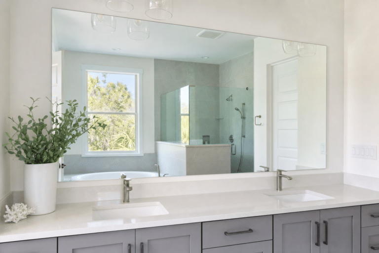 Modern bathroom with dual sinks, large mirror, gray cabinets, a potted plant, and a walk-in glass shower reflected in the mirror.