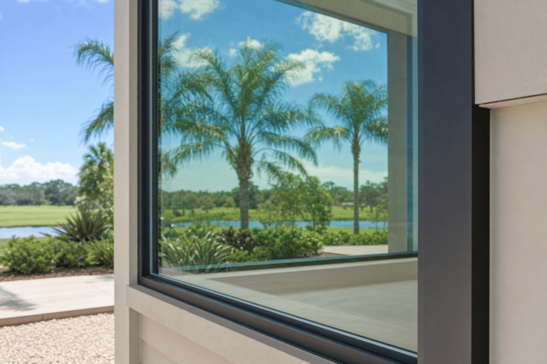 Large window reflecting palm trees and a blue sky with clouds, next to a light-colored building; landscaped outdoor area and small lake in the background.