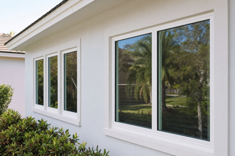Four white-framed windows on the side of a light-colored house reflect palm trees and greenery from the yard.