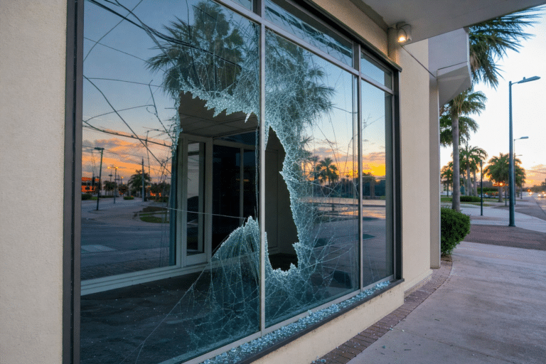 Large hole in a shattered glass window of a building at sunset, with palm trees and a mostly empty sidewalk reflected in the glass.