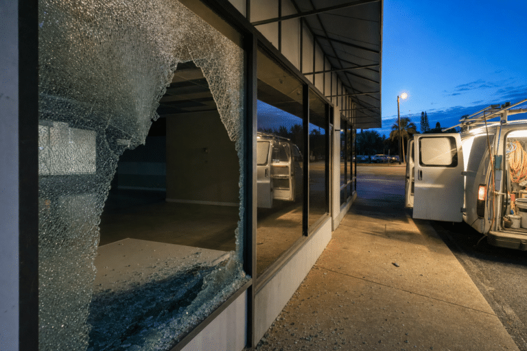 A large window in a commercial building is shattered, with glass on the ground. A white van with its doors open is parked nearby at dusk.