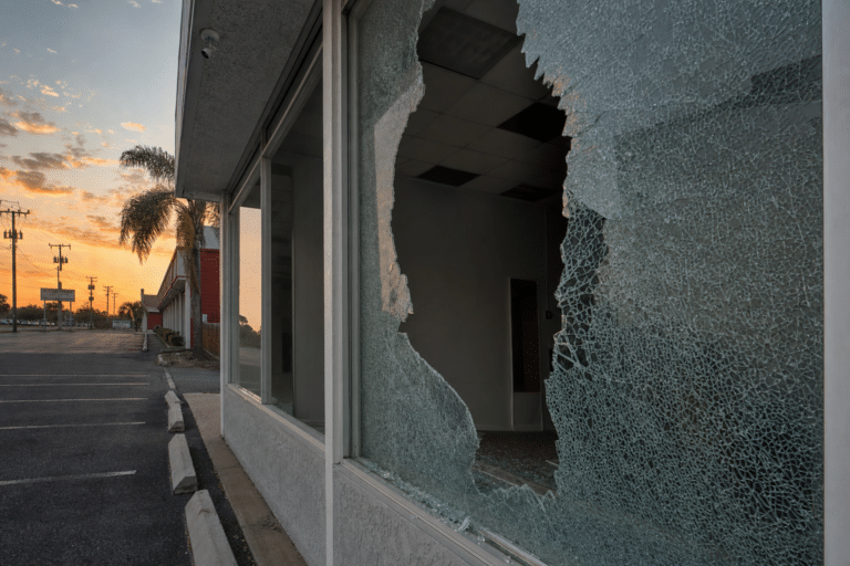 A large plate glass window of a commercial building is shattered, with broken glass on the ground; the parking lot is empty at sunset.