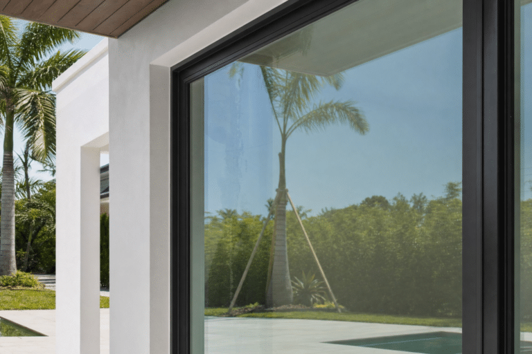 Close-up of a modern house window reflecting palm trees and a landscaped yard, with part of a white exterior wall and a swimming pool visible.