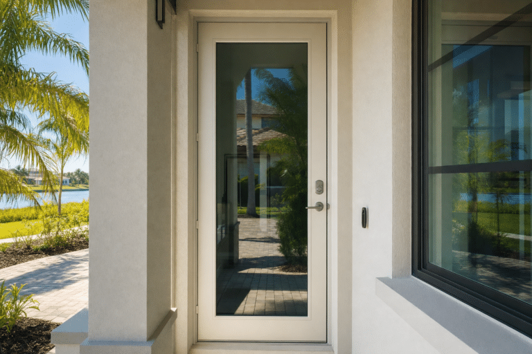 A white framed glass door with a silver handle and lock, set in a stucco exterior wall, reflecting trees and a house, with a window and palm tree visible nearby.