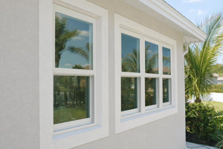 Three white-framed windows on the side of a beige house reflect palm trees and blue sky; a palm tree and greenery are visible next to the building.
