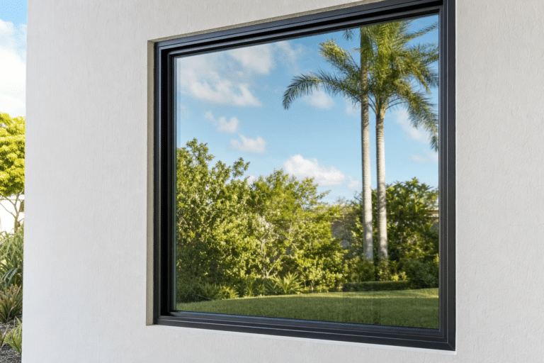 A large window reflects palm trees, blue sky, and greenery outside, set in a white exterior wall.