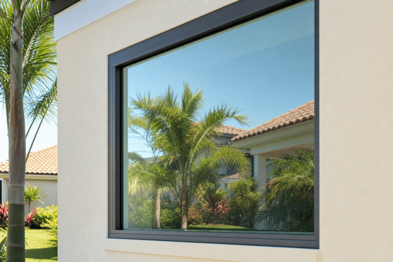 Large glass window on a beige house reflects palm trees, grass, and another house with a tiled roof on a sunny day.