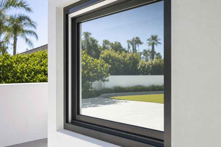 A modern black-framed window on a white wall reflects trees, bushes, and a bright, sunny outdoor scene with a lawn and a palm tree.