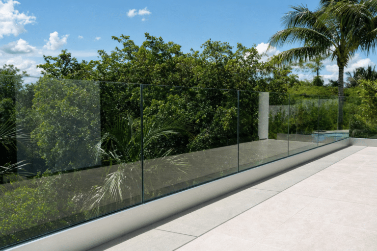 A tiled outdoor patio with glass railing overlooks lush green trees and palm trees under a bright blue sky with scattered clouds.