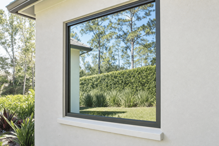 A large exterior window on a white wall reflects trees, shrubs, and a clear blue sky from a landscaped backyard.