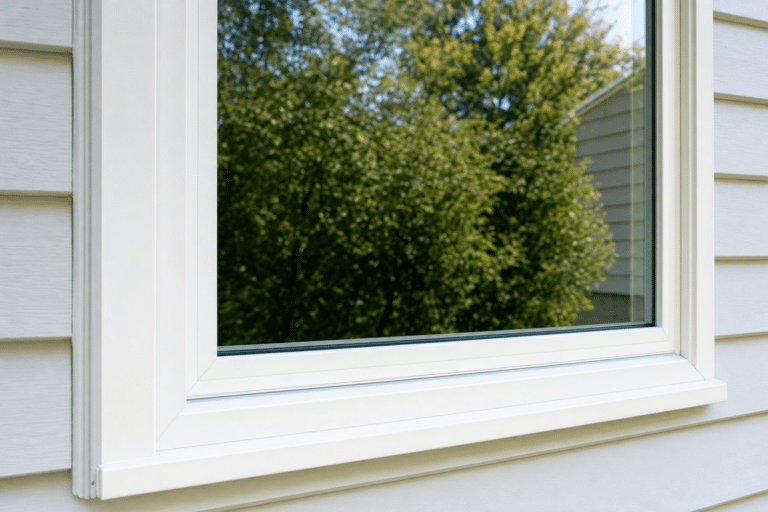 Close-up of a white-framed window on a house, reflecting trees and part of another building, with horizontal siding visible around the window.