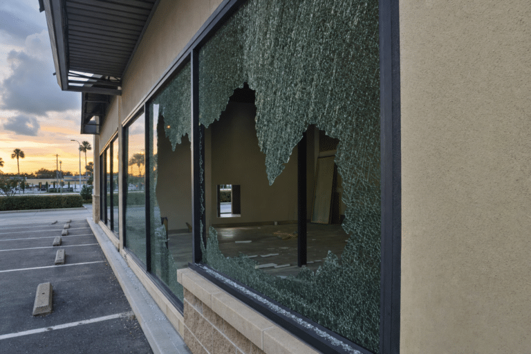 Large glass windows of a vacant commercial building are shattered, with broken glass hanging from the frames. The parking lot outside is empty at sunset.