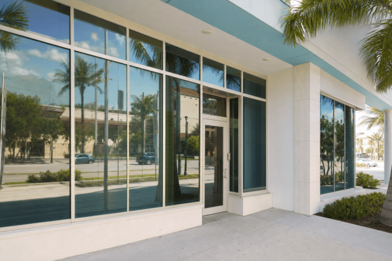 Modern glass storefront with large windows reflecting palm trees and street, set in a white building with blue accents on a sunny day.