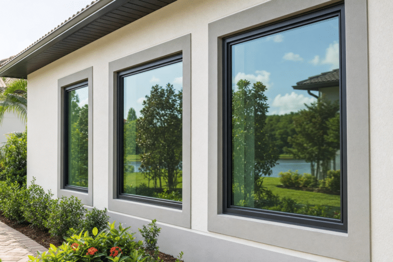 Three large rectangular windows on a light-colored house reflect trees, sky, and landscaping outside, with bushes planted below the windows.