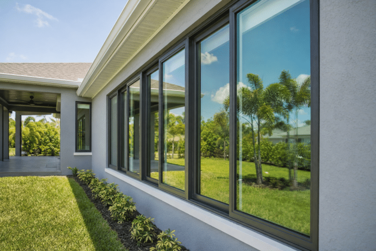 Close-up view of a row of large modern windows on a light gray house, reflecting palm trees and blue sky, with a manicured lawn and landscaped plants in the foreground.