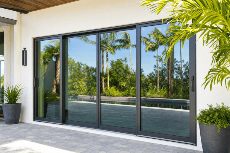 Large sliding glass doors reflect palm trees and greenery, leading from a patio with potted plants to a pool area outside a modern home.