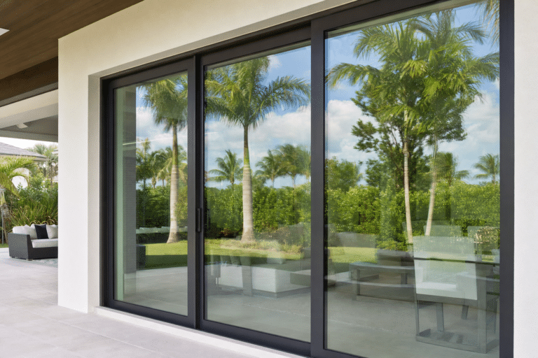 Large glass sliding patio doors reflect palm trees and greenery from the backyard, with outdoor furniture visible inside and outside on a covered patio.