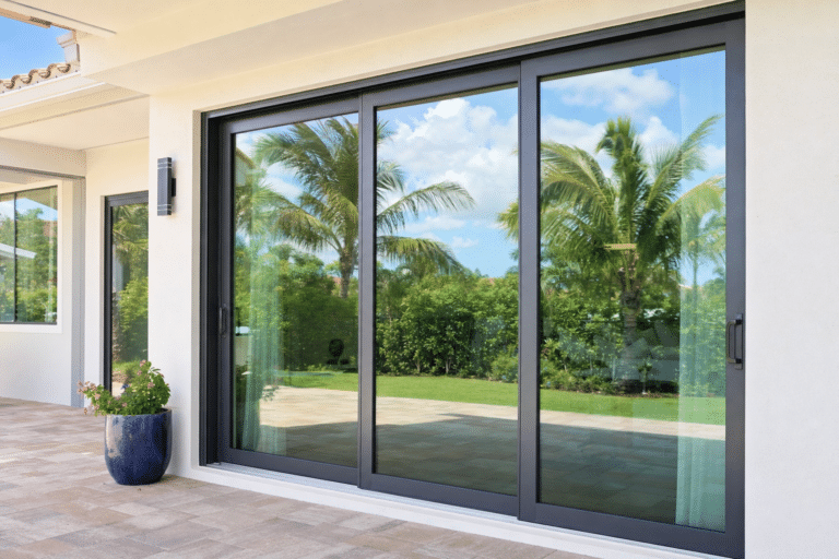 Large glass sliding doors reflect palm trees, sky, and a green yard. There is a blue potted plant on the patio beside the doors.