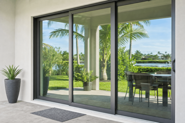 Large glass sliding doors open to a patio with a potted plant, overlooking a green lawn, palm trees, and an outdoor dining table with chairs.