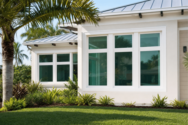 Modern house exterior with large white-trimmed windows, beige walls, metal roof, palm tree, and neatly landscaped yard with green grass and tropical plants.
