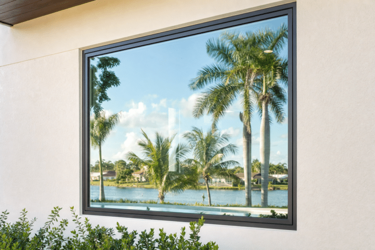 Large window reflecting palm trees, a lake, and blue sky with clouds, on a light-colored exterior wall with green shrubs below.