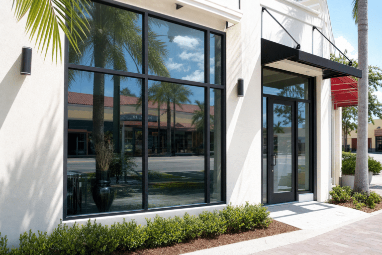 A modern, empty storefront with large glass windows, black trim, and an awning, reflecting palm trees and a street scene.
