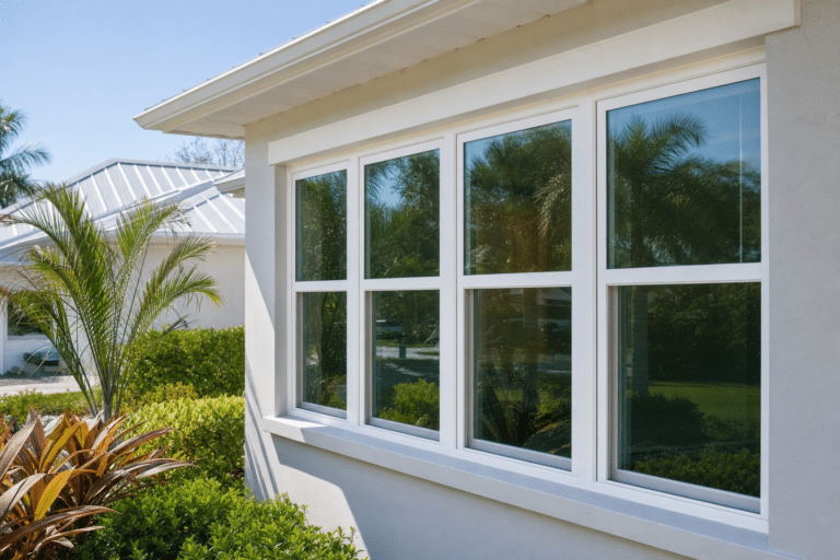 White-framed windows on a light gray house reflecting palm trees and blue sky, with landscaped bushes and plants in the foreground.