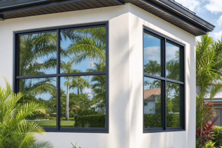 Corner view of a modern house exterior with large black-framed windows reflecting palm trees and a blue sky. Lush green plants are visible in the foreground.