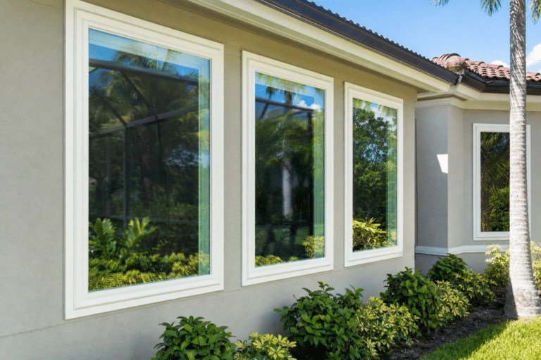 Three large rectangular windows on the side of a beige house reflect trees and sky. Green bushes are planted along the building, and part of a palm tree is visible on the right.