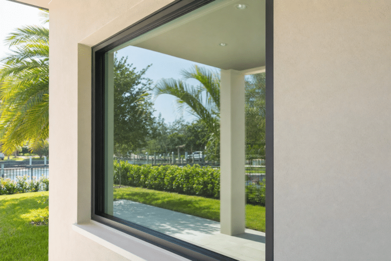 A large window reflects palm trees, greenery, and a waterway outside a modern beige building on a sunny day.