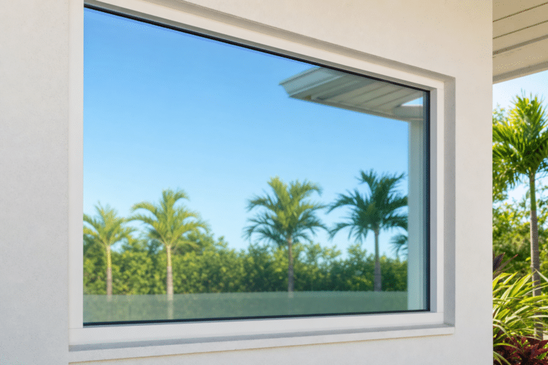 A modern window reflects a clear blue sky and palm trees, framed by white exterior walls, with greenery visible outside.