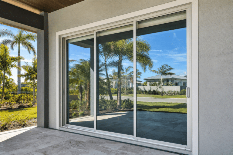 Large glass sliding door with white frame opens to a tiled patio, reflecting palm trees and a house across a sunny suburban street.
