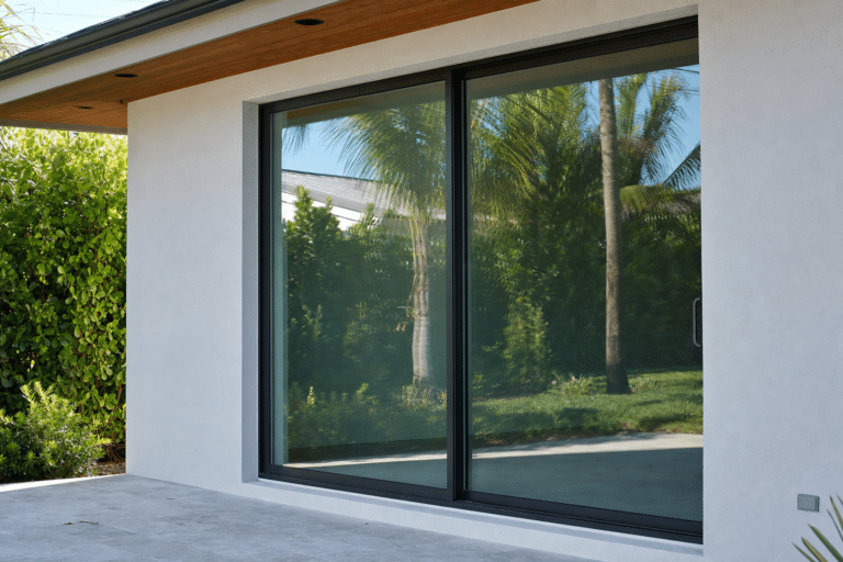 Large glass sliding door on a modern house, reflecting trees and sky, with a tiled patio and green bushes in the background.