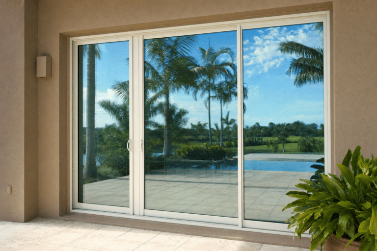 Large sliding glass door reflecting palm trees and a clear sky, opening to a patio with tiled flooring and outdoor greenery, including a potted plant in the foreground.