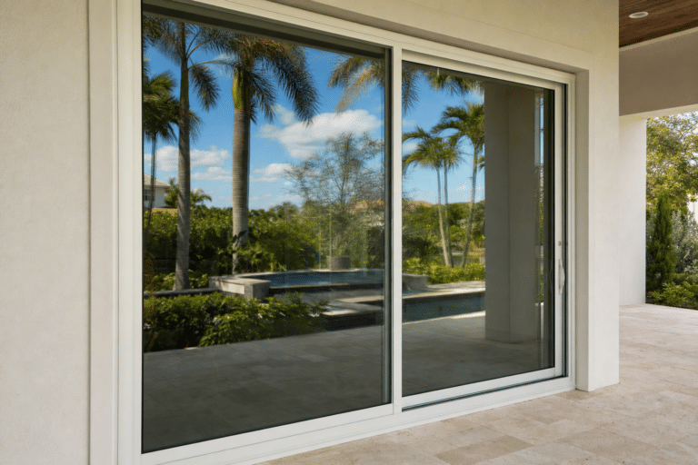 Large glass sliding door reflects palm trees, a pool, and blue sky, viewed from a covered patio with tiled flooring.