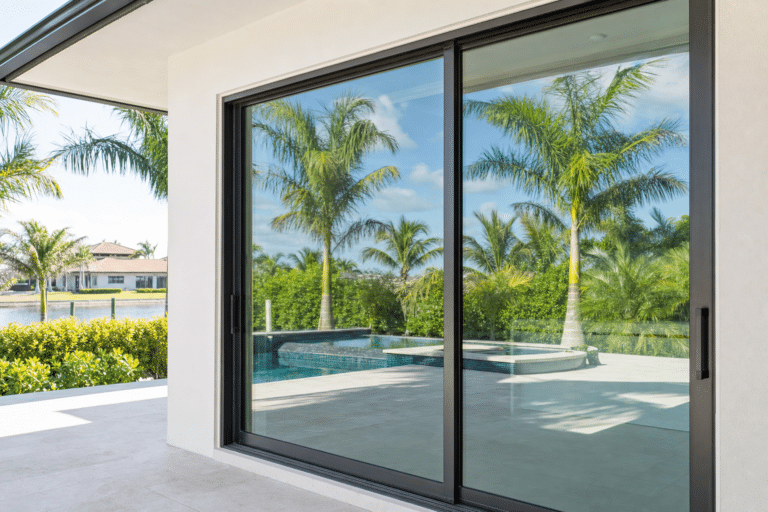 Large glass sliding door reflects palm trees, swimming pool, and blue sky in a modern outdoor patio setting.